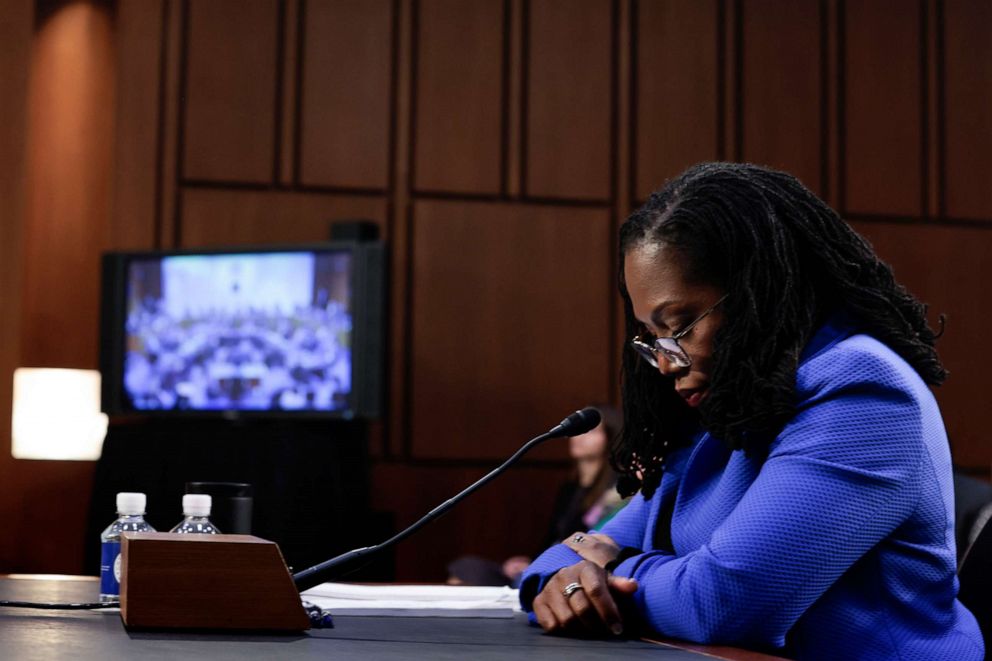 PHOTO: Supreme Court nominee Judge Ketanji Brown Jackson listens while Sen. Ted Cruz interrupts her confirmation hearing before the Senate Judiciary Committee March 23, 2022 in Washington, DC.