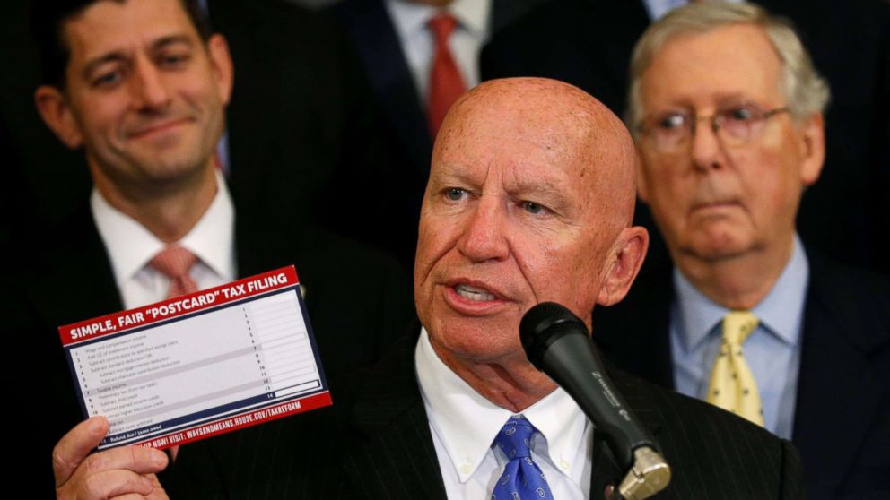 PHOTO: House Ways and Means Committee Chairman Kevin Brady holds up a tax "post card" at a meeting where Republicans talk about their tax plan in the U.S. Capitol in Washington, Sept. 27, 2017.