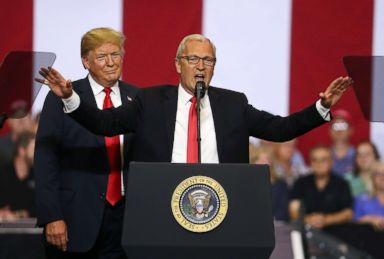 PHOTO: President Donald Trump looks on as Republican candidate for senate, Rep. Kevin Cramer, speaks to supporters during a campaign rally at Scheels Arena, June 27, 2018, in Fargo, N.D.
