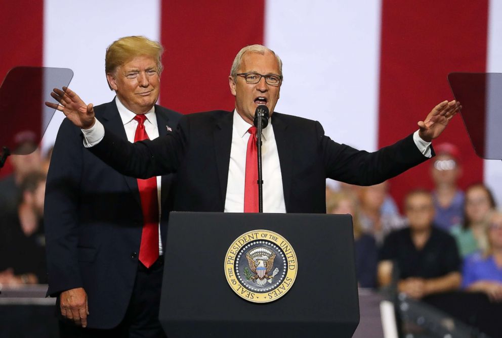 PHOTO: President Donald Trump looks on as Republican candidate for senate, Rep. Kevin Cramer, speaks to supporters during a campaign rally at Scheels Arena, June 27, 2018, in Fargo, N.D.