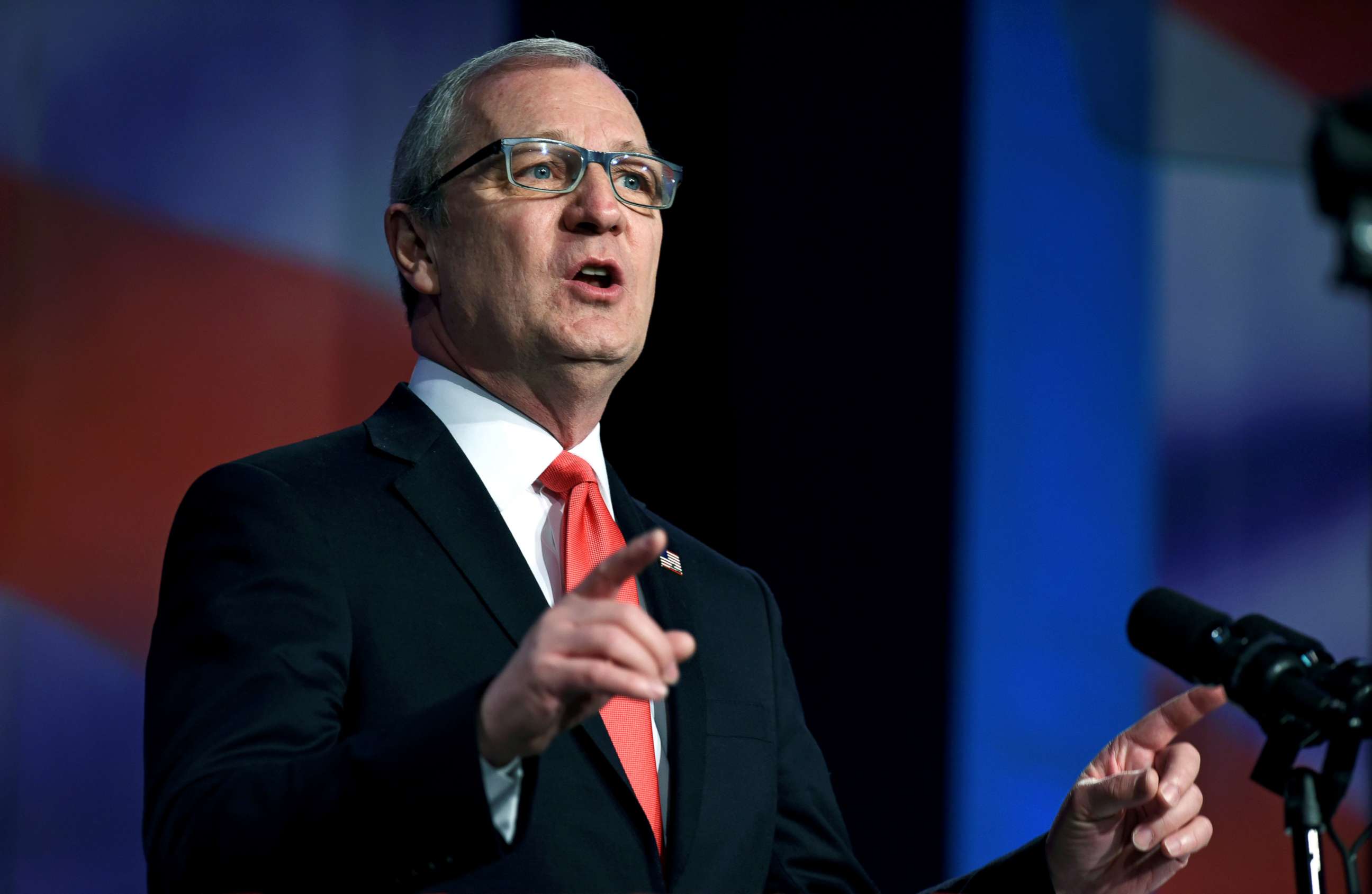 PHOTO: Representative Kevin Cramer speaks at the 2018 North Dakota Republican Party Convention in Grand Forks, N.D., April 7, 2018.