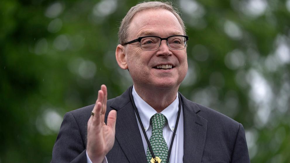 PHOTO: White House economic adviser Kevin Hassett speaks with reporters outside the White House, May 9, 2025, in Washington.