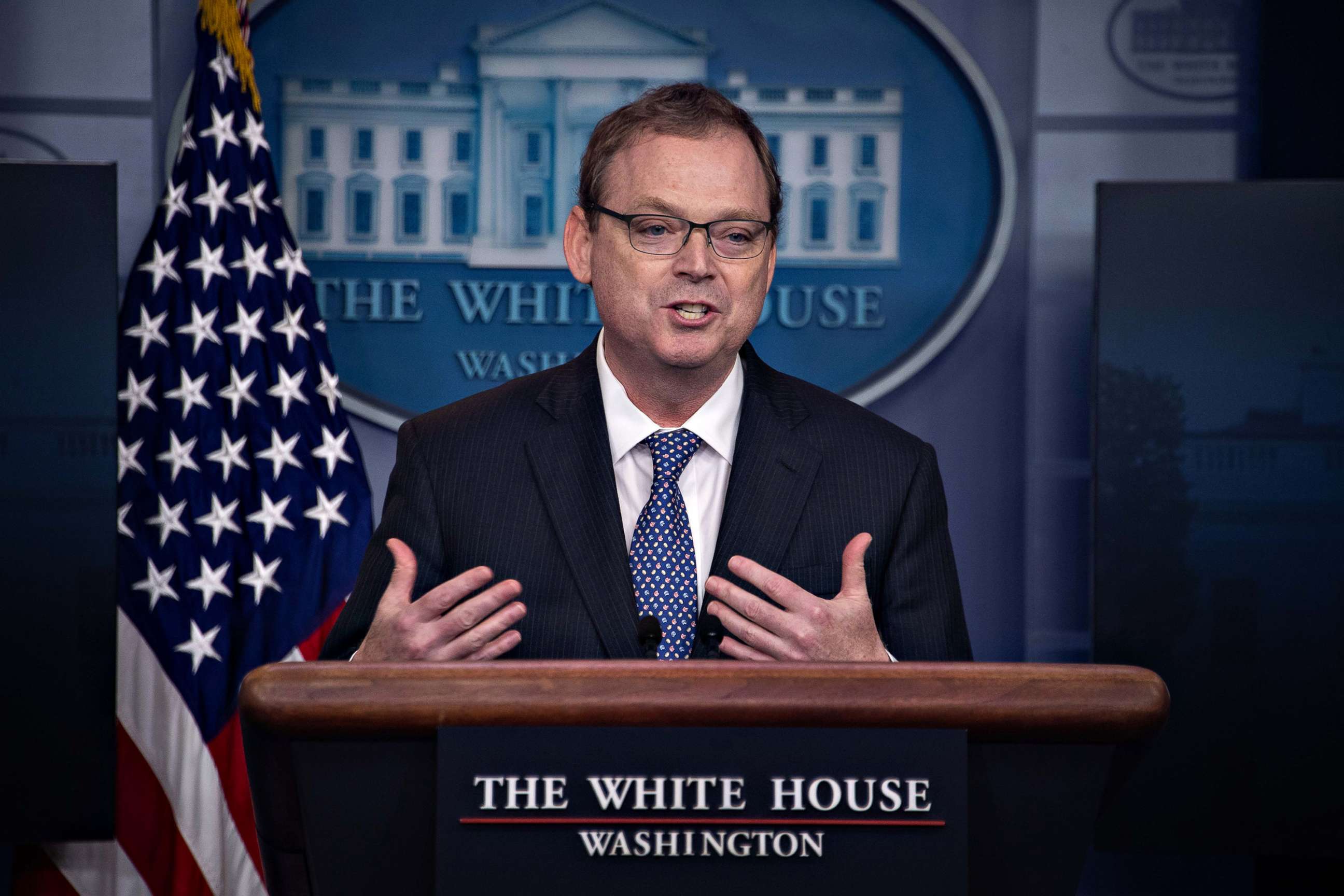 PHOTO: Kevin Hassett, Chairman of the Council of Economic Advisers, speaks during a briefing at the White House in Washington, on Sept. 10, 2018.