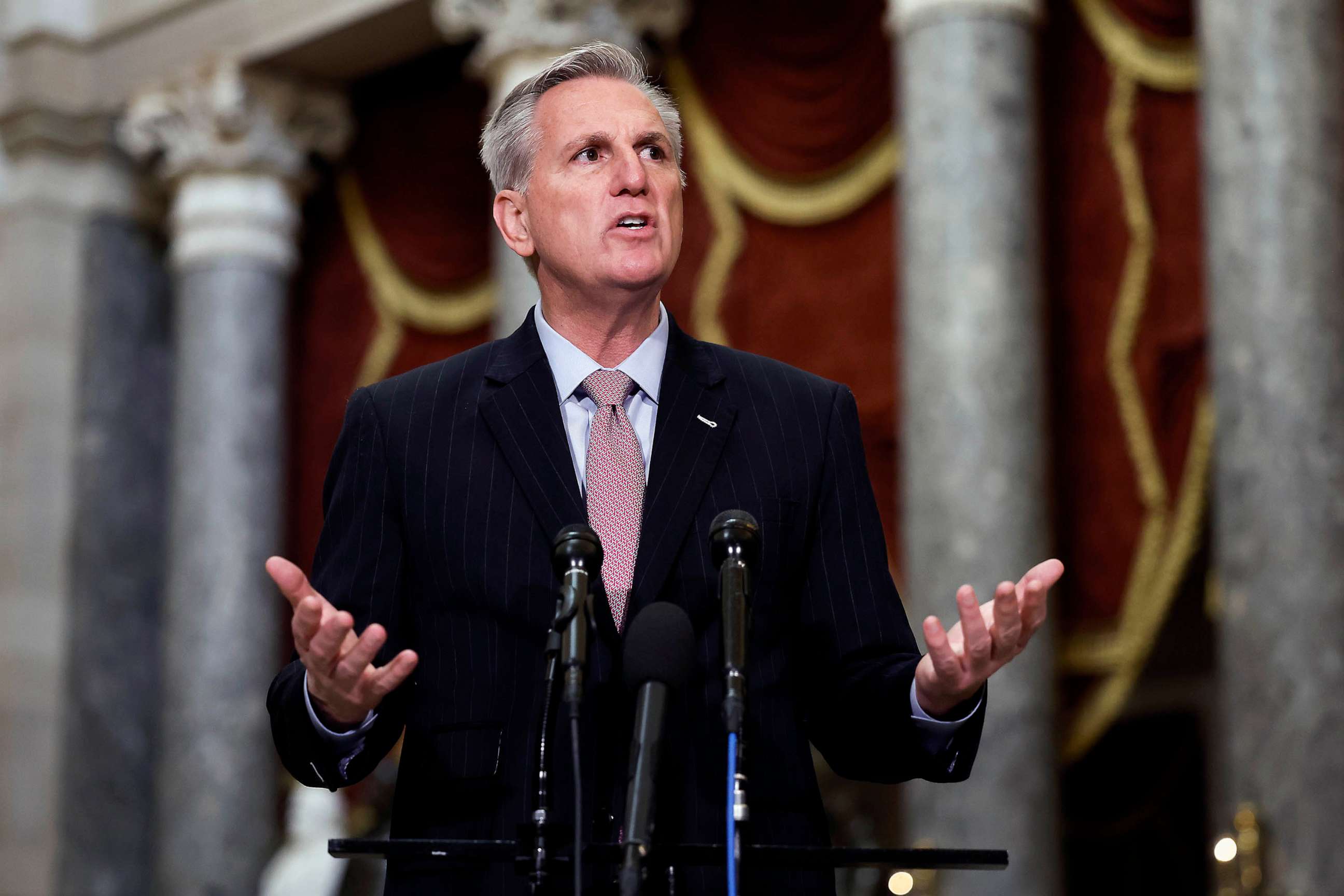 PHOTO: U.S. Speaker Kevin McCarthy speaks at a news conference in Statuary Hall of the U.S. Capitol Building, Jan. 12, 2023 in Washington, DC.
