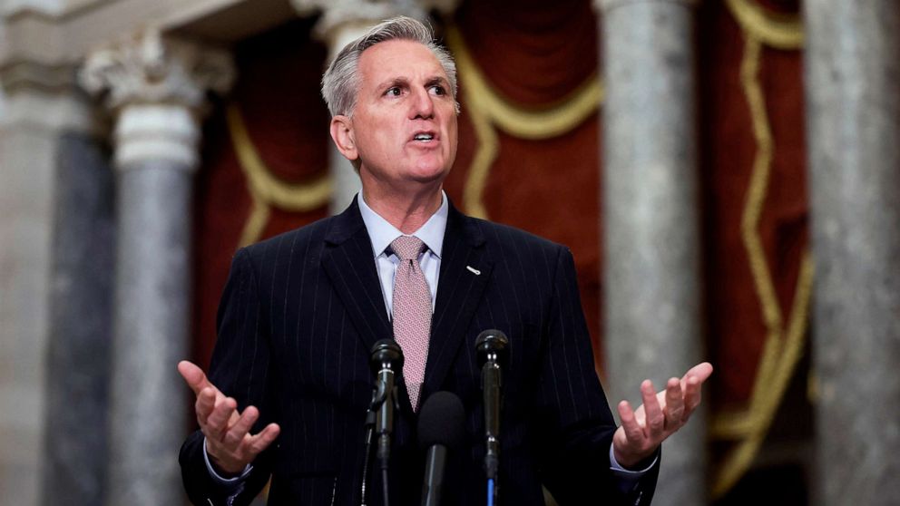 PHOTO: U.S. Speaker Kevin McCarthy speaks at a news conference in Statuary Hall of the U.S. Capitol Building, Jan. 12, 2023 in Washington, DC.