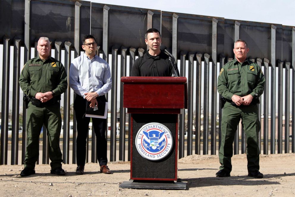 PHOTO: Customs and Border Protection Commissioner Kevin McAleenan, center, announced that the Trump administration will temporarily reassign several hundred border inspectors during a news conference at the border in El Paso, Texas, March 27, 2019.