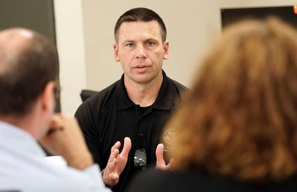 PHOTO: Kevin McAleenan, commissioner of U.S. Customs and Border Protection, talks with reporters at the U.S. Border Patrol Central Processing Center on June 25, 2018, in McAllen, Texas.