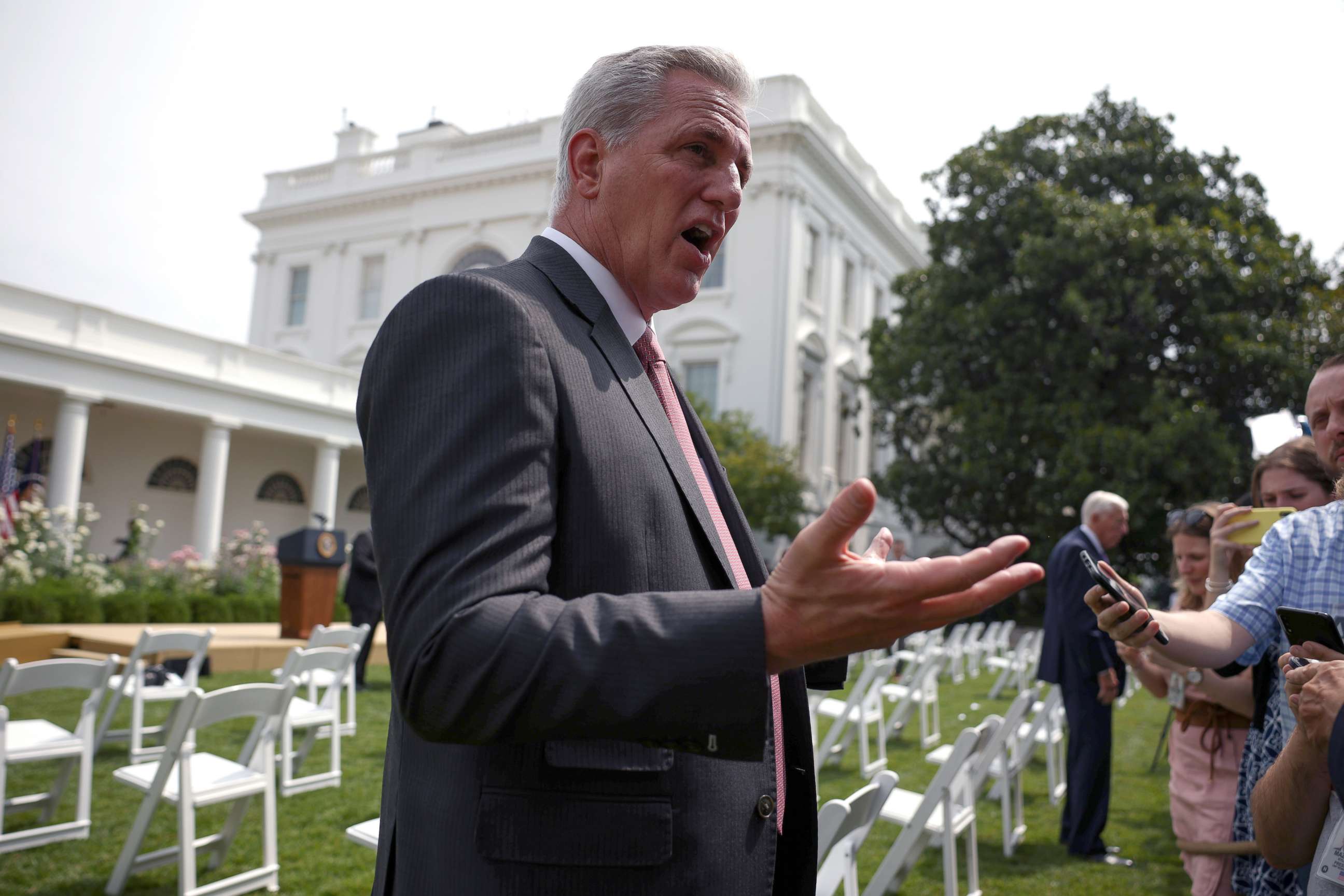 PHOTO: House Minority Leader Kevin McCarthy speaks to reporters before a ceremony to mark the 31st anniversary of the Americans with Disabilities Act (ADA) in the Rose Garden of the White House on July 26, 2021 in Washington, DC.