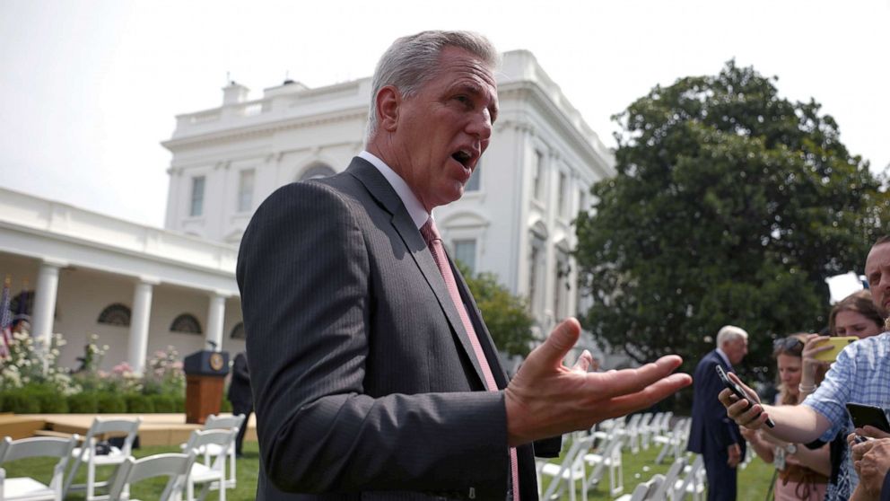 PHOTO: House Minority Leader Kevin McCarthy speaks to reporters before a ceremony to mark the 31st anniversary of the Americans with Disabilities Act (ADA) in the Rose Garden of the White House on July 26, 2021 in Washington, DC.