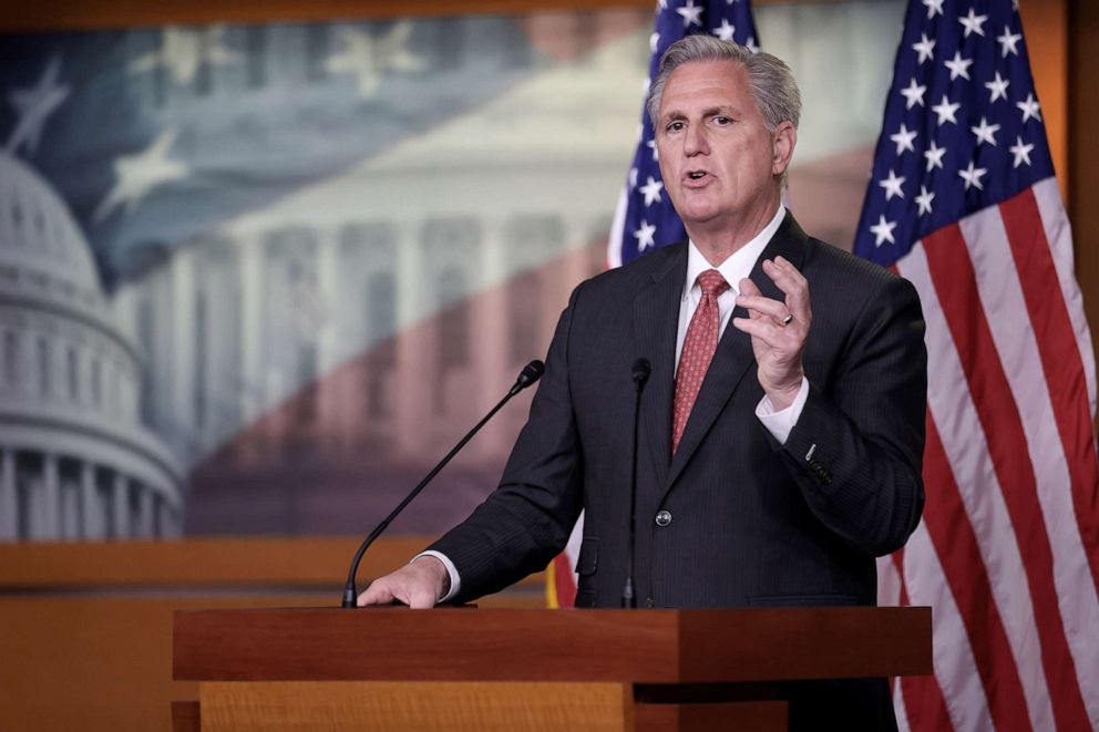 PHOTO: House Minority Leader Kevin McCarthy speaks about the formation of a select committee to investigate the Jan. 6 attack on the U.S. Capitol during a news conference in Washington, July 1, 2021.  