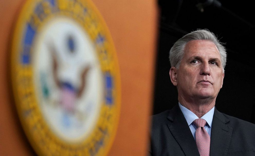 PHOTO: House Republican Leader Kevin McCarthy listens to fellow Republican House members speak about President Joe Biden's first year in office on Capitol Hill in Washington, U.S., Jan. 20, 2022.