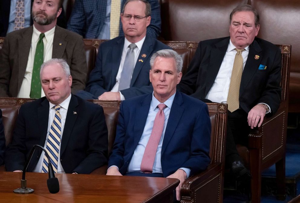 PHOTO: House Republican Chief of Staff Kevin McCarthy sits with Minority Party leader Steve Scalis before a speech by Ukrainian President Volodymyr Zelensky on the House floor in Washington, Dec. 21, 2022.