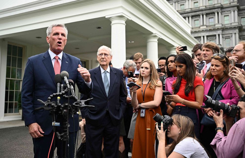 PHOTO: House Speaker Kevin McCarthy and Senate Minority Leader Mitch McConnell speak to members of the media following a meeting on the debt limit with US President Joe Biden at the White House in Washington, May 16, 2023.