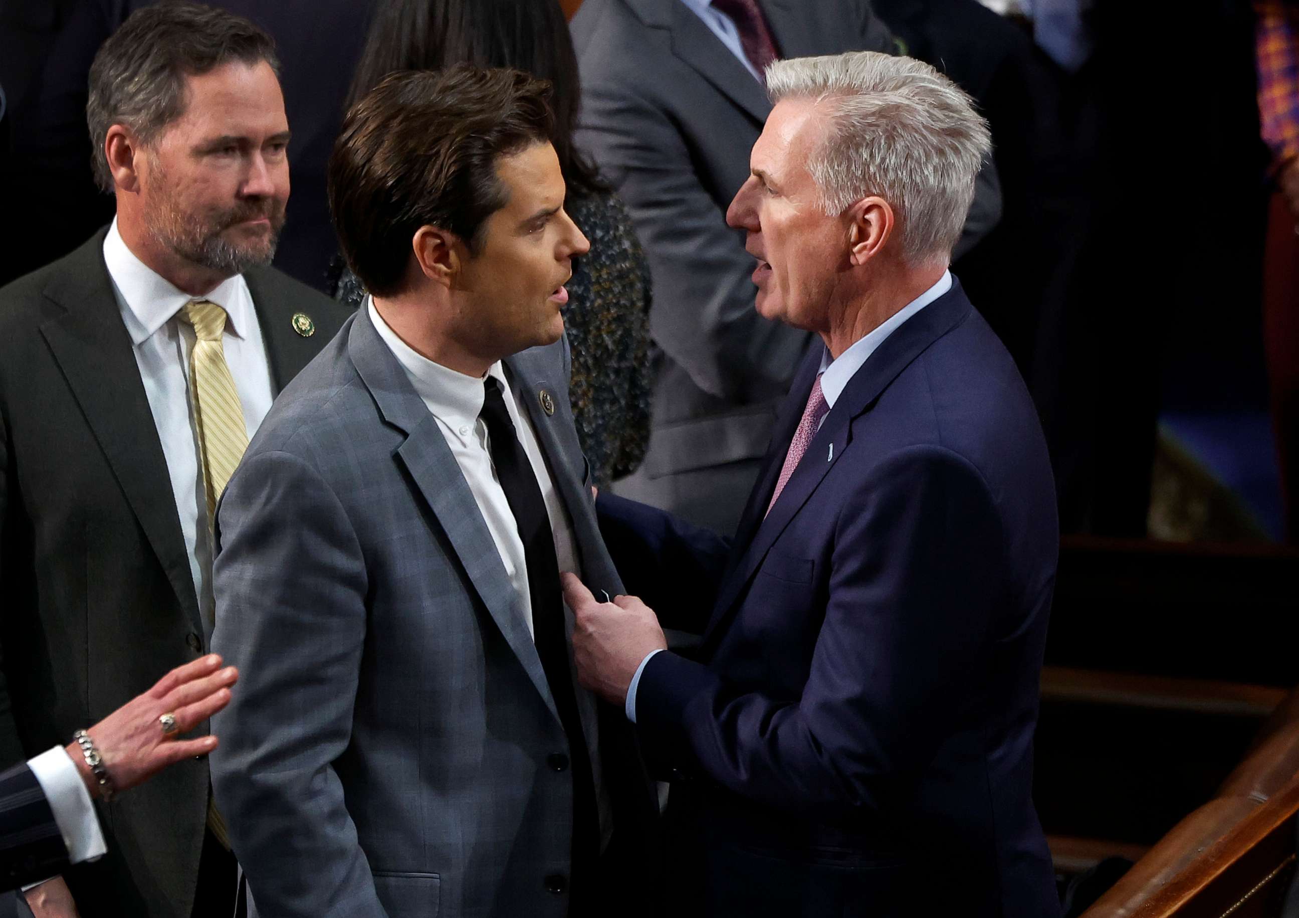 PHOTO: U.S. House Republican Leader Kevin McCarthy (R-CA) talks to Rep.-elect Matt Gaetz (R-FL) in the House Chamber on the fourth day of voting for Speaker of the House at the U.S. Capitol Building, Jan. 6, 2023, in Washington.
