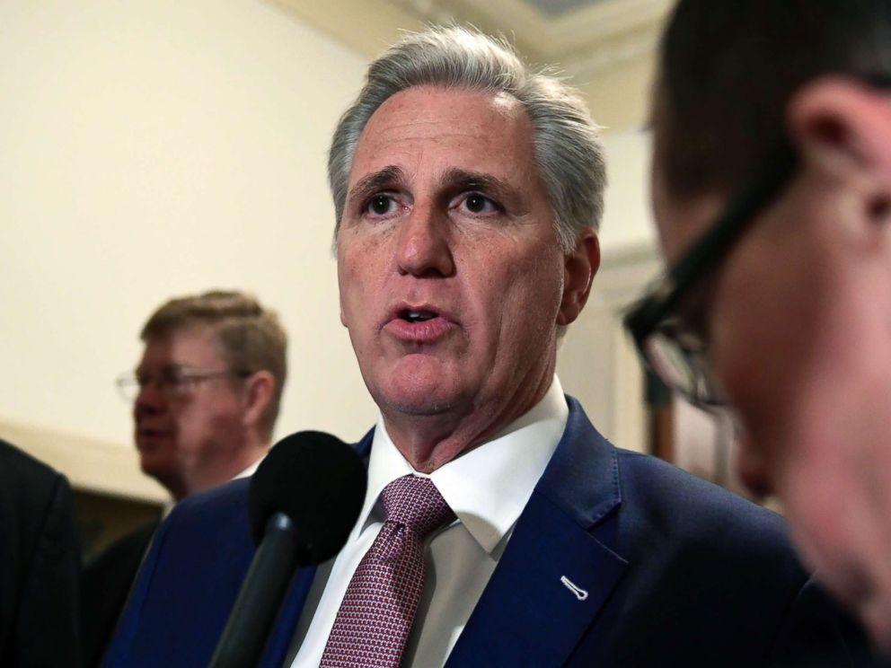 PHOTO: House Majority Leader Kevin McCarthy speaks to reporters as he arrives for a meeting on Capitol Hill in Washington, Nov. 14, 2018.