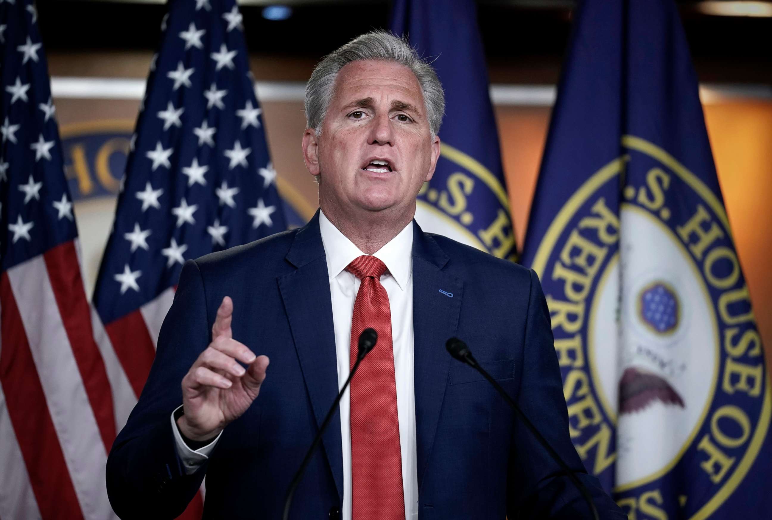 PHOTO: House Minority Leader Kevin McCarthy gives his assessment of the GOP's performance in the election as he speaks with reporters at the Capitol in Washington, Nov. 4, 2020.
