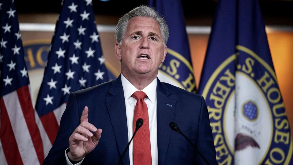 PHOTO: House Minority Leader Kevin McCarthy gives his assessment of the GOP's performance in the election as he speaks with reporters at the Capitol in Washington, Nov. 4, 2020.