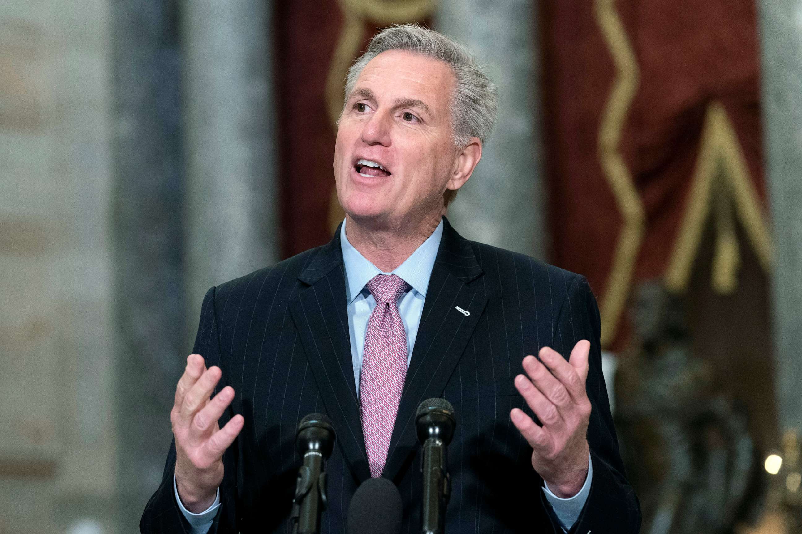 PHOTO: Speaker of the House Kevin McCarthy speaks during a news conference in Statuary Hall at the Capitol in Washington, Jan.12, 2023.