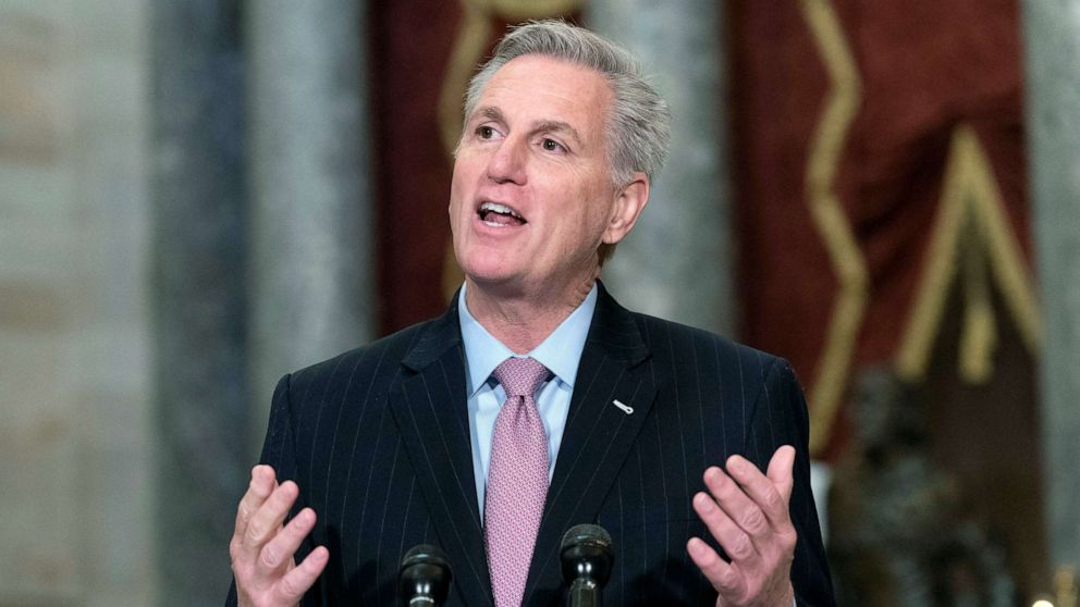 PHOTO: Speaker of the House Kevin McCarthy speaks during a news conference in Statuary Hall at the Capitol in Washington, Jan.12, 2023.