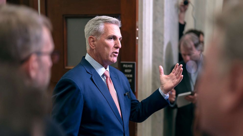 PHOTO: Speaker of the House Kevin McCarthy talks to reporters outside his office about calls for an impeachment inquiry of President Joe Biden, at the Capitol in Washington, July 25, 2023.