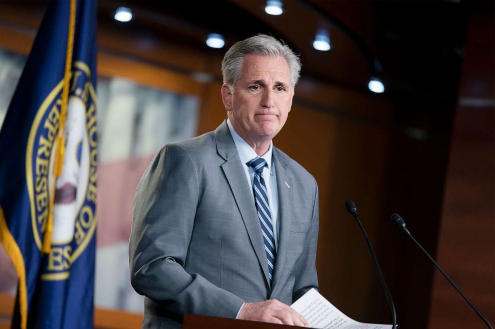 PHOTO: House Minority Leader Kevin McCarthy speaks to reporters at a news conference on Capitol Hill in Washington, Thursday, April 4, 2019.