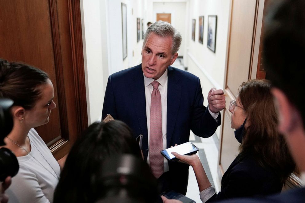 PHOTO: House Minority Leader Kevin McCarthy speaks with reporters on Capitol Hill in Washington, D.C., on Aug. 12, 2022.