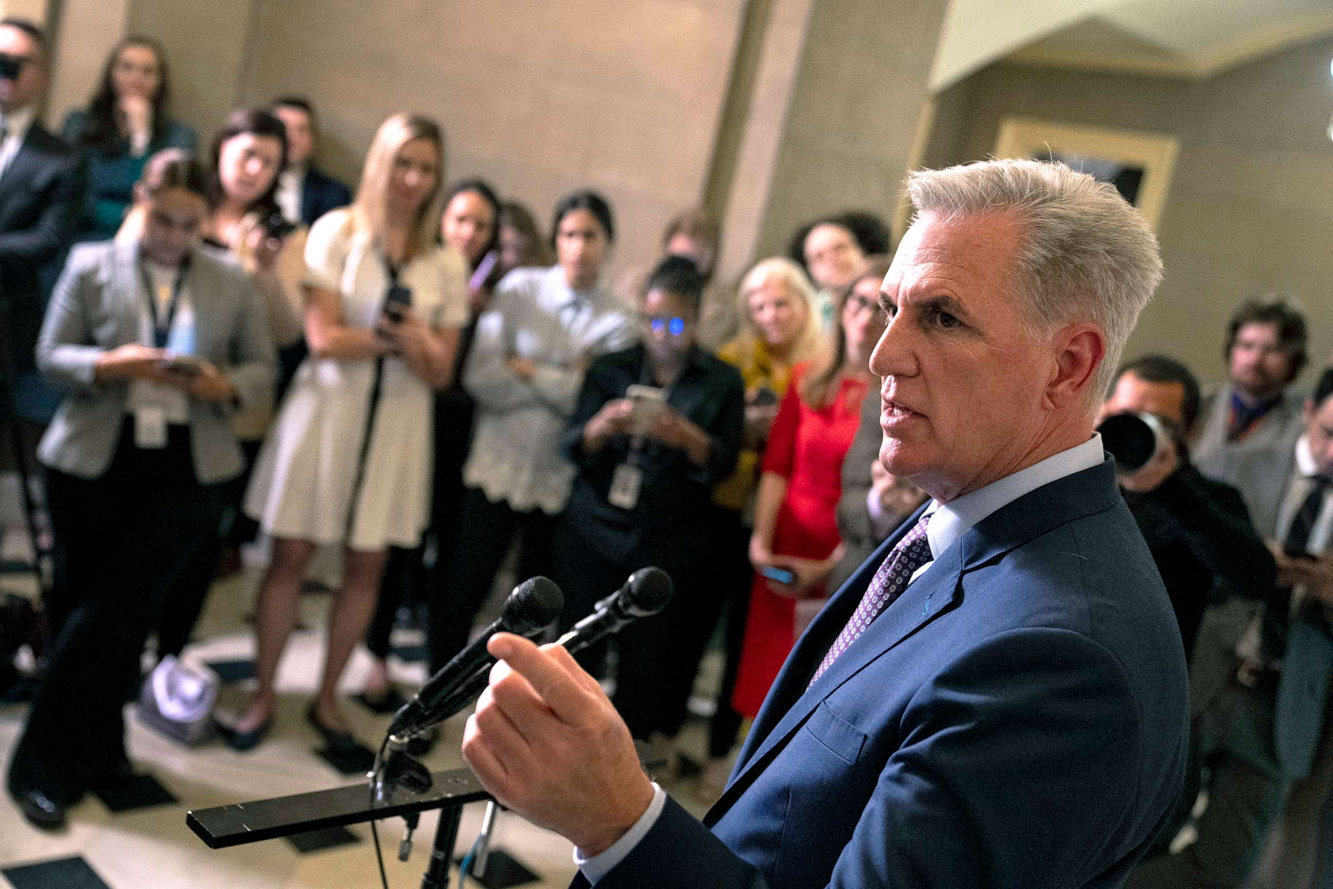 PHOTO: House Majority Leader Kevin McCarthy speaks to reporters outside his office at the Capitol Building in Washington, D.C., on May 9, 2023, after meeting about the debt limit with President Joe Biden at the White House.