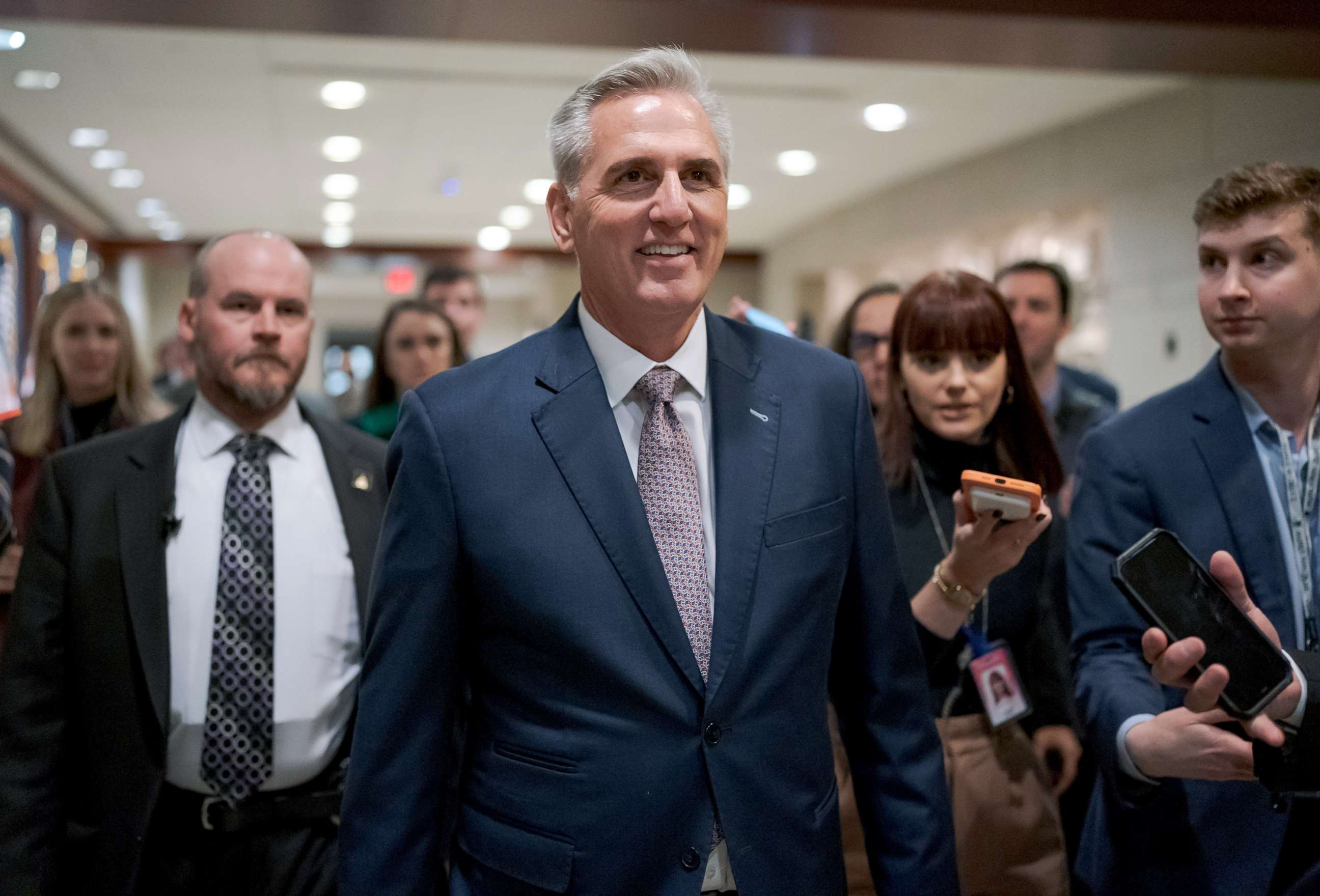 PHOTO: House Minority Leader Kevin McCarthy, R-Calif., arrives to meet behind closed doors as Republicans hold their leadership candidate forum at the Capitol in Washington, Nov. 14, 2022.