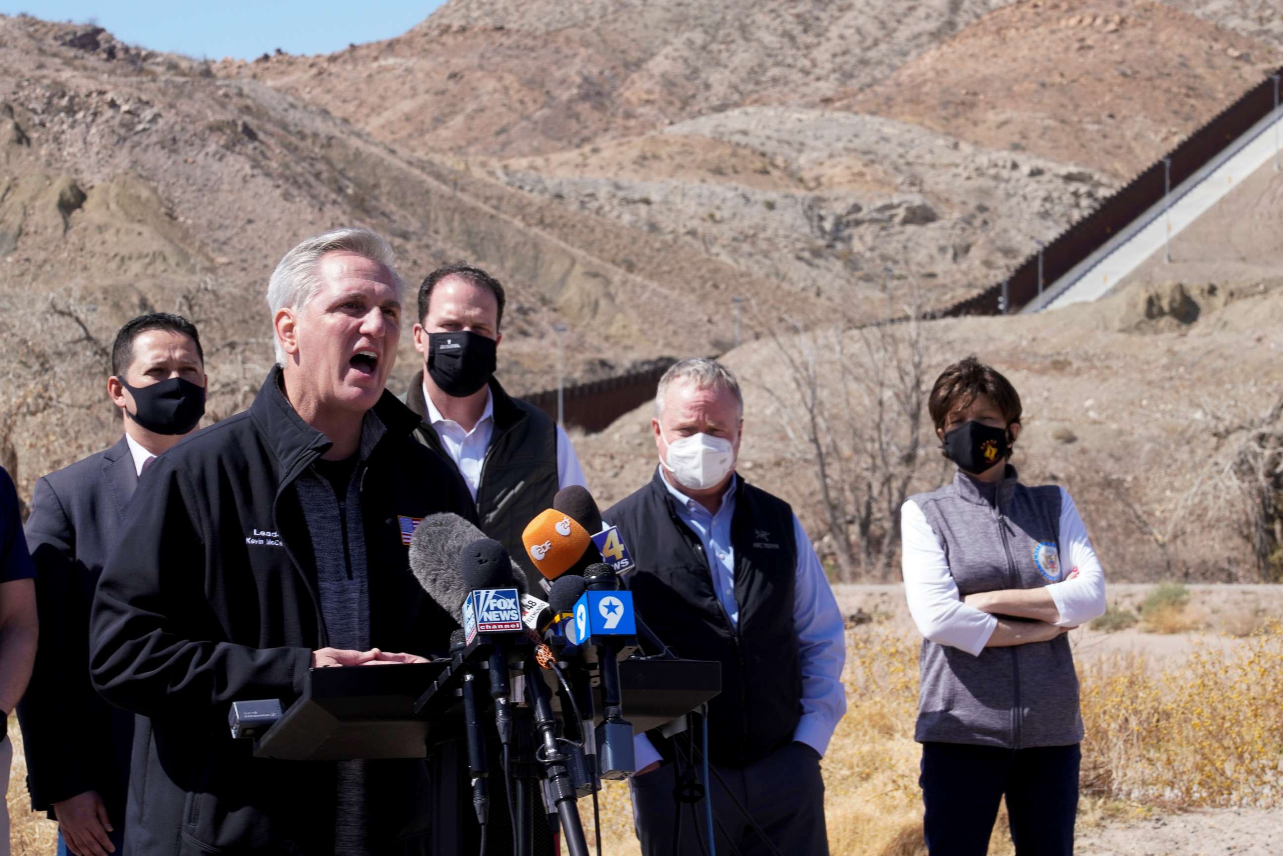 PHOTO: House Minority Leader Kevin McCarthy speaks to the press during a tour for a delegation of Republican lawmakers of the US-Mexico border in El Paso, Texas, March 15, 2021.