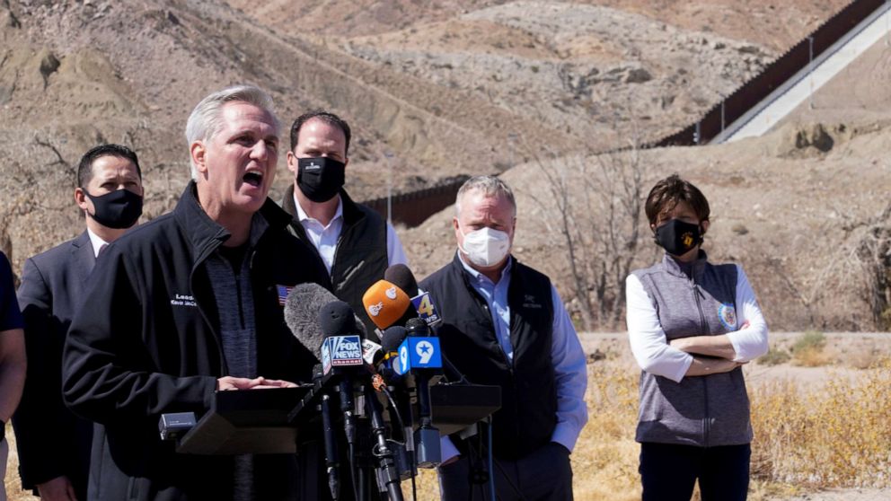 PHOTO: House Minority Leader Kevin McCarthy speaks to the press during a tour for a delegation of Republican lawmakers of the US-Mexico border in El Paso, Texas, March 15, 2021.