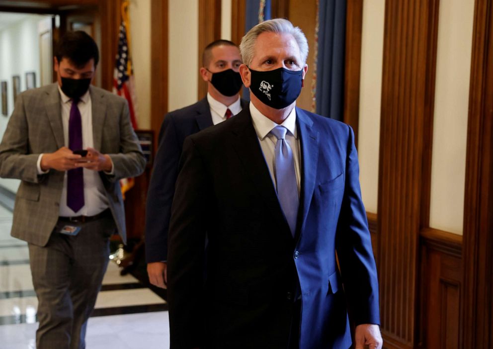 PHOTO: House Minority Leader Kevin McCarthy walks from his office to the House floor for a vote at the U.S. Capitol in Washington, May 11, 2021.