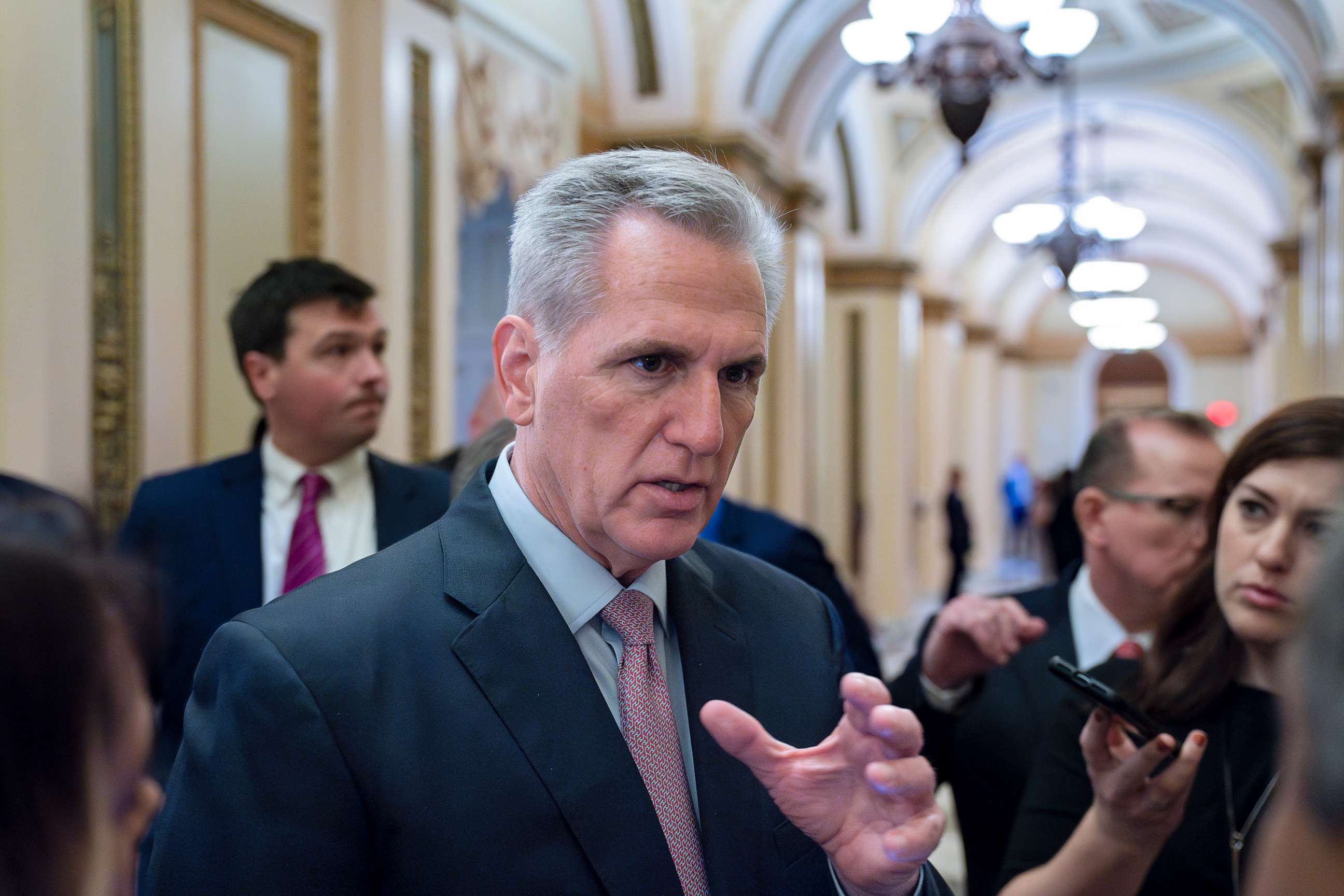 PHOTO: Speaker of the House Kevin McCarthy talks with reporters at the Capitol in Washington, April 28, 2023.