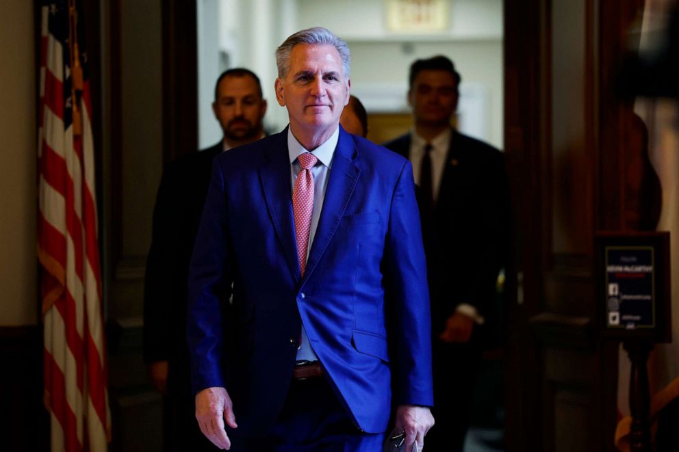 PHOTO: House Minority Leader Kevin McCarthy (D-CA) walks to the House Chambers of the U.S. Capitol Building, Dec. 23, 2022, in Washington.