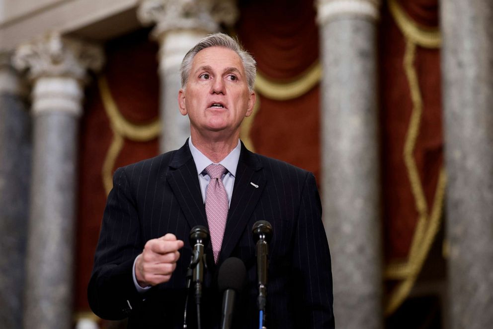 PHOTO: U.S. Speaker Kevin McCarthy (R-CA) speaks at a news conference in Statuary Hall of the U.S. Capitol Building, Jan. 12, 2023, in Washington.