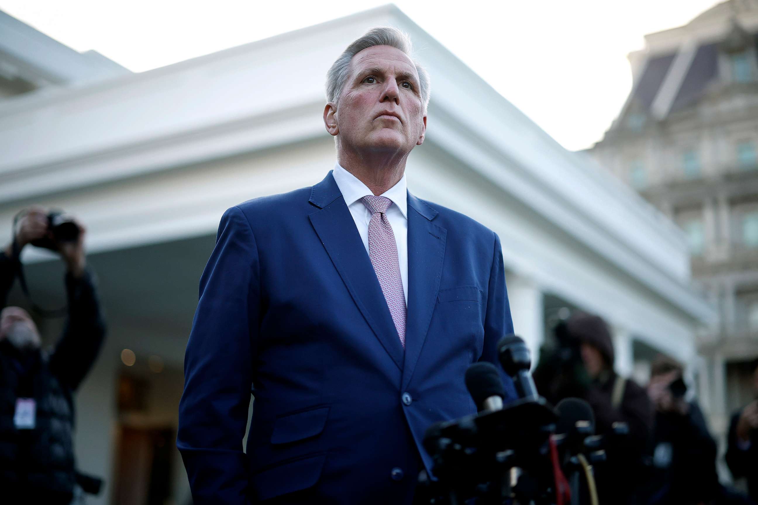 PHOTO: Speaker of the House Kevin McCarthy talks to reporters after meeting with U.S. President Joe Biden at the White House, Feb. 1, 2023, in Washington, D.C.