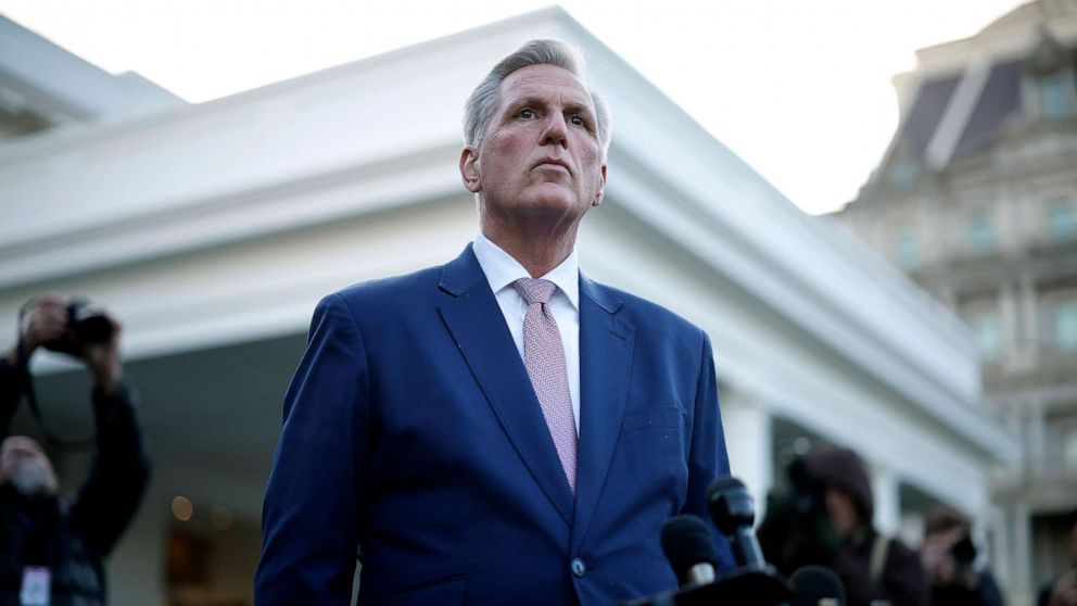 PHOTO: Speaker of the House Kevin McCarthy talks to reporters after meeting with U.S. President Joe Biden at the White House, Feb. 1, 2023, in Washington, D.C.
