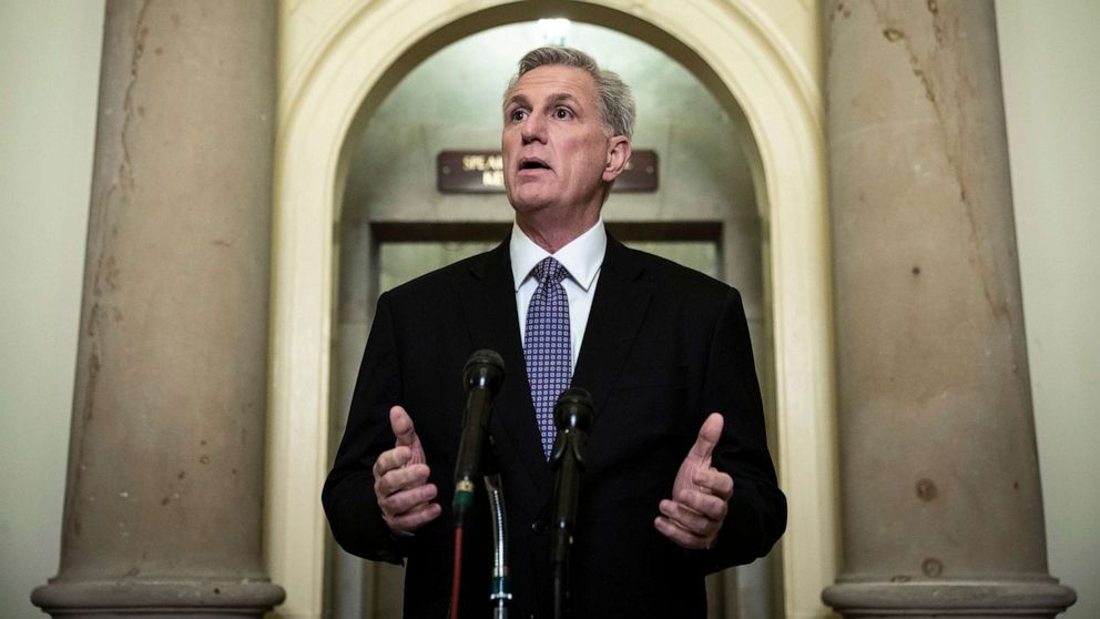 PHOTO: Speaker of the House Kevin McCarthy (R-CA) speaks during a news conference outside of his office at the U.S. Capitol, Jan. 24, 2023, in Washington.