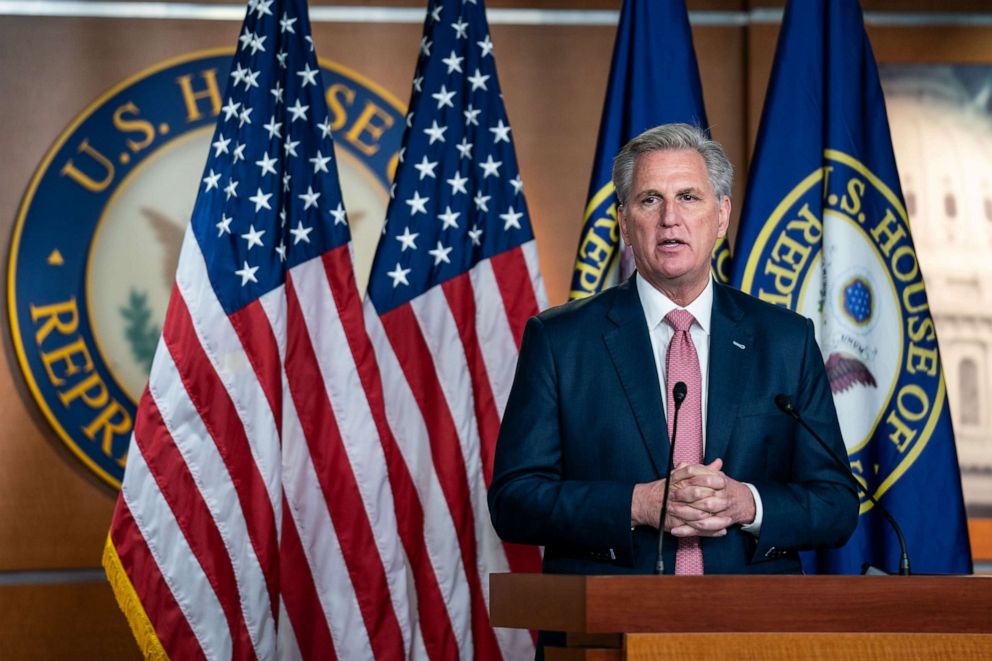 PHOTO: House Minority Leader Kevin McCarthy speaks during a press conference on Capitol Hill, March 18, 2021, in Washington.