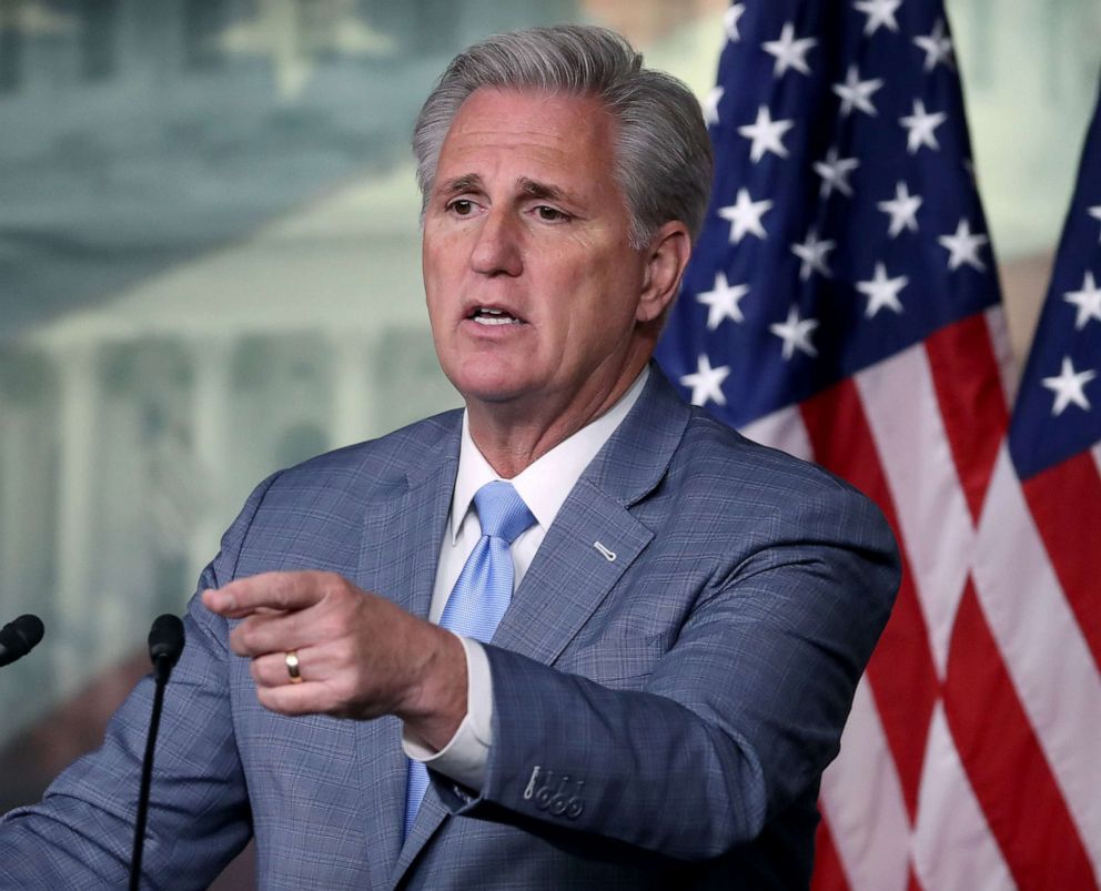 PHOTO: House Minority Leader Kevin McCarthy (R-CA) speaks to the media during his weekly news conference on Capitol Hill, Oct. 18, 2019, in Washington, DC.