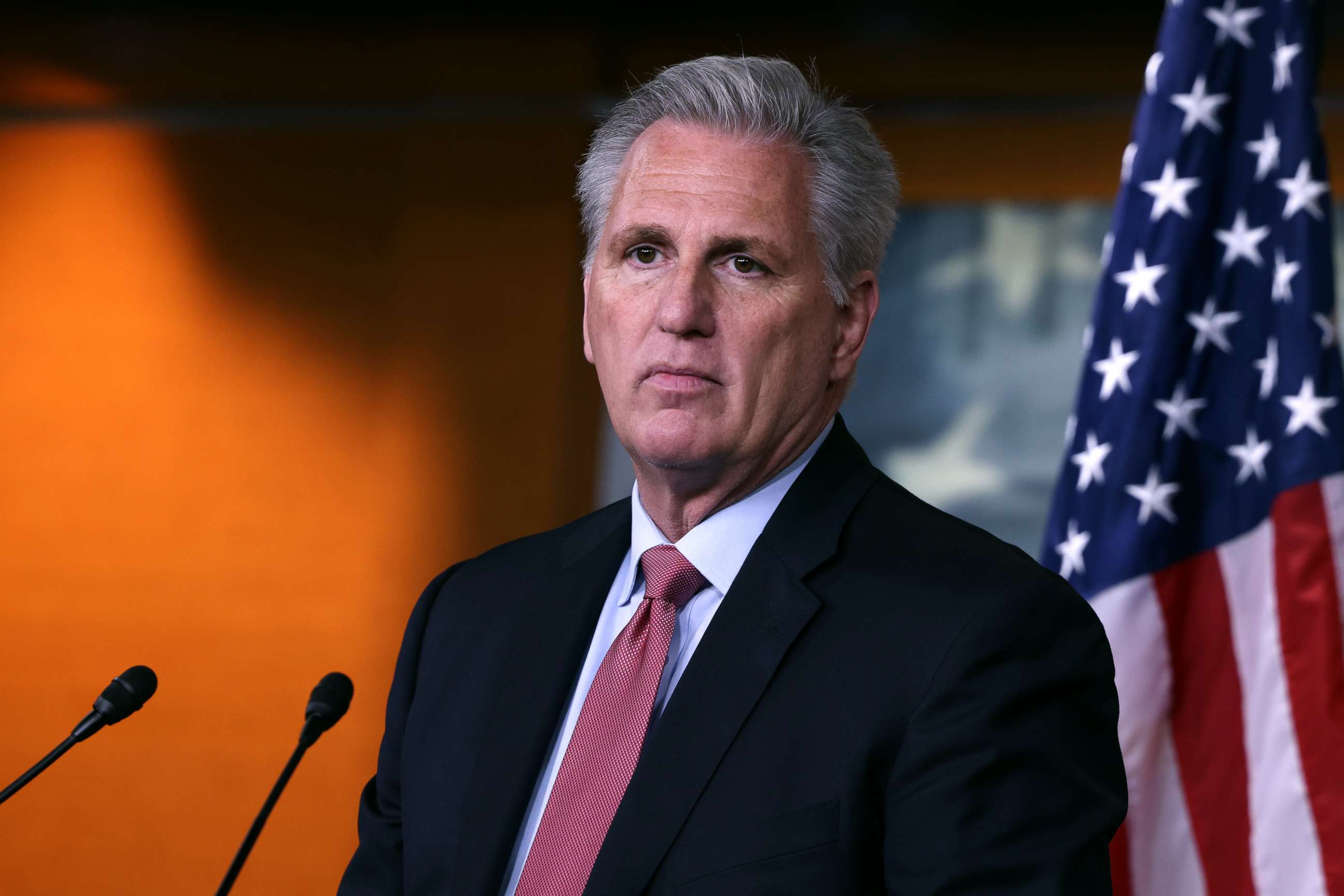 PHOTO: House Minority Leader Kevin McCarthy speaks at his weekly news conference at the Capitol building, July 22, 2021, in Washington, DC.