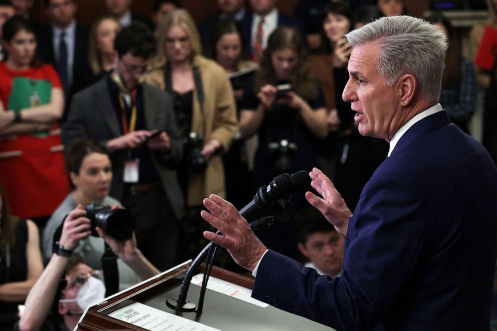 PHOTO: Speaker of the House Kevin McCarthy speaks to members of the press during a news conference at the U.S. Capitol on March 30, 2023, in Washington, D.C.