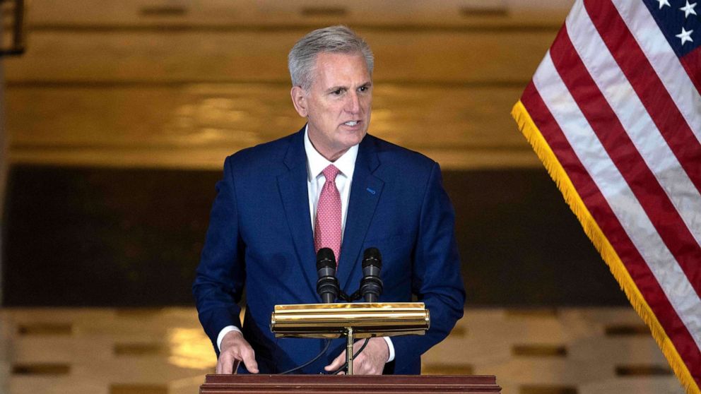 PHOTO: House Speaker Kevin McCarthy speaks during an event at the US Capitol in Washington, D.C., on June 7, 2023.