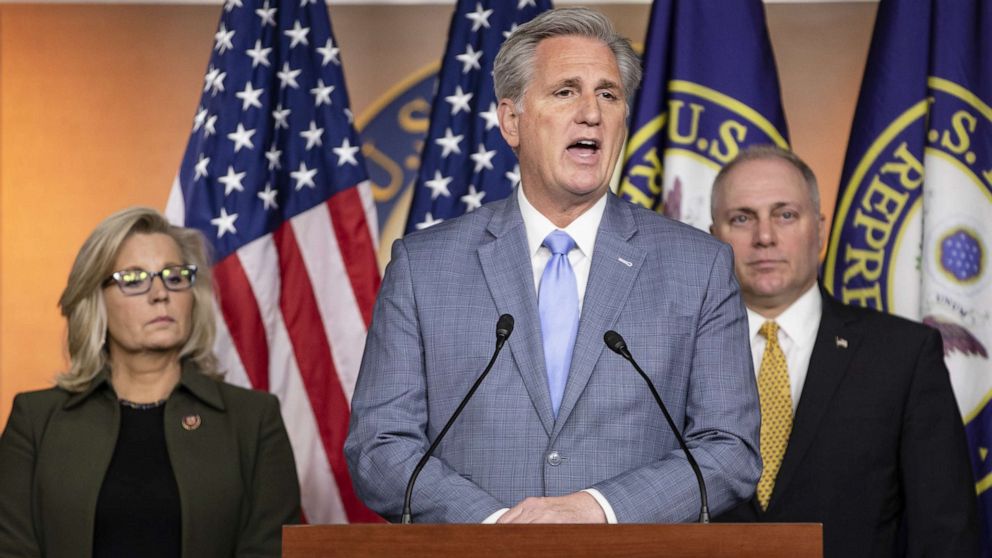 PHOTO: House Minority Leader Rep. Kevin McCarthy, R-Calif., speaks during a press conference with Republican Conference Chairman Rep. Liz Cheney, R-Wyo., and Republican Whip Rep. Steve Scalise, R-La., at the Capitol on Dec. 17, 2019 in Washington, D.C. 