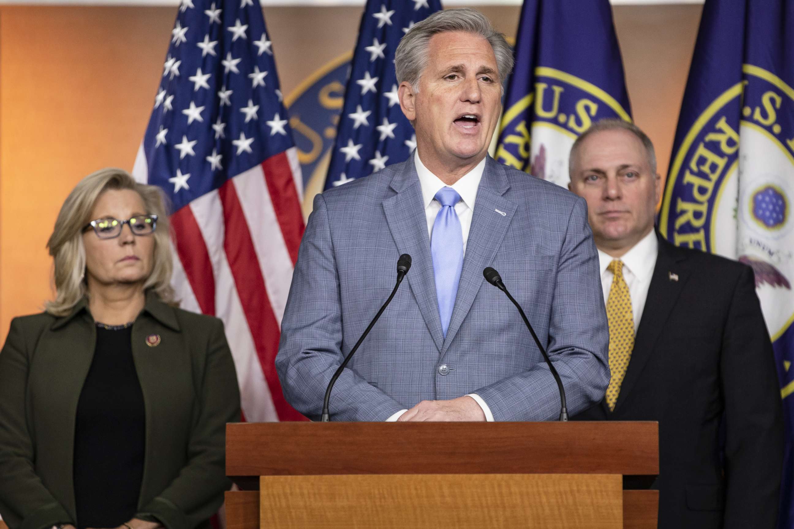 PHOTO: House Minority Leader Rep. Kevin McCarthy speaks during a press conference with Republican Conference Chairman Rep. Liz Cheney and Republican Whip Rep. Steve Scalise at the Capitol, Dec. 17, 2019. 