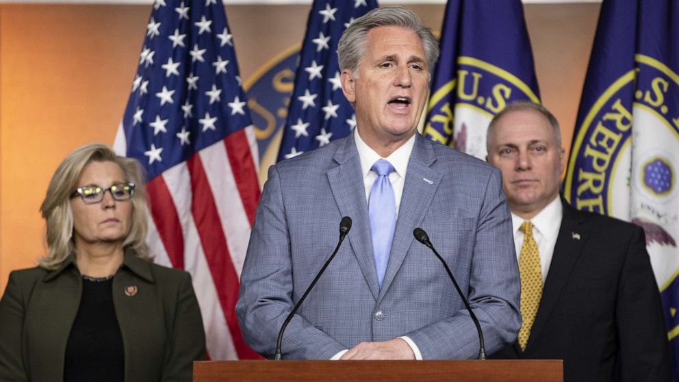 PHOTO: House Minority Leader Rep. Kevin McCarthy speaks during a press conference with Republican Conference Chairman Rep. Liz Cheney and Republican Whip Rep. Steve Scalise at the Capitol, Dec. 17, 2019. 