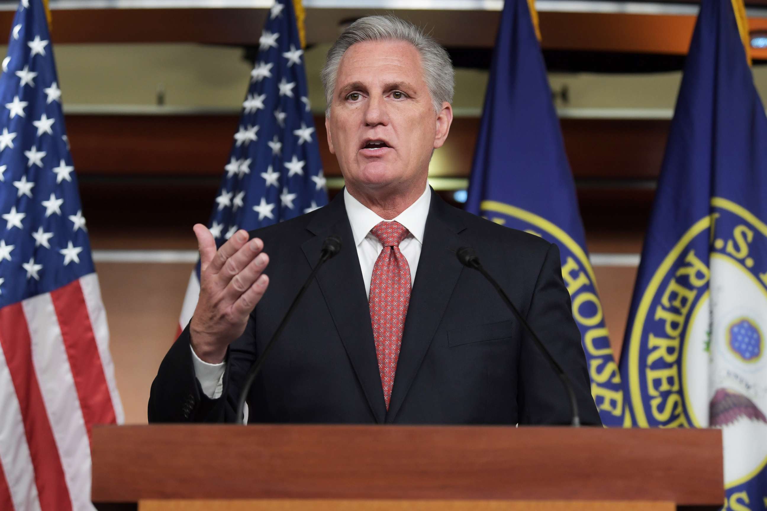 PHOTO: U.S. House Minority Leader Kevin McCarthy speaks about Afghanistan during his weekly press conference on Capitol Hill in Washington, D.C., Aug. 25, 2021.