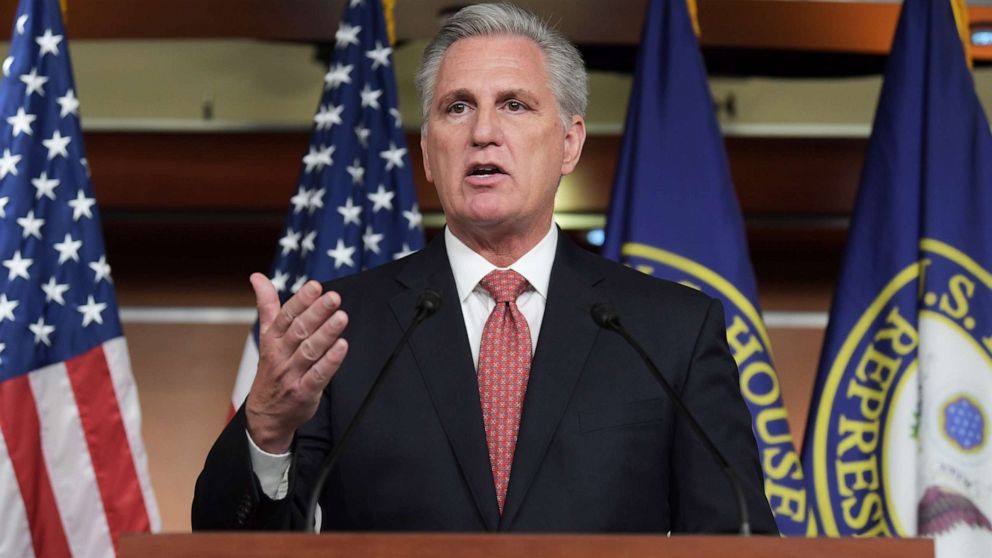 PHOTO: U.S. House Minority Leader Kevin McCarthy speaks about Afghanistan during his weekly press conference on Capitol Hill in Washington, D.C., Aug. 25, 2021.
