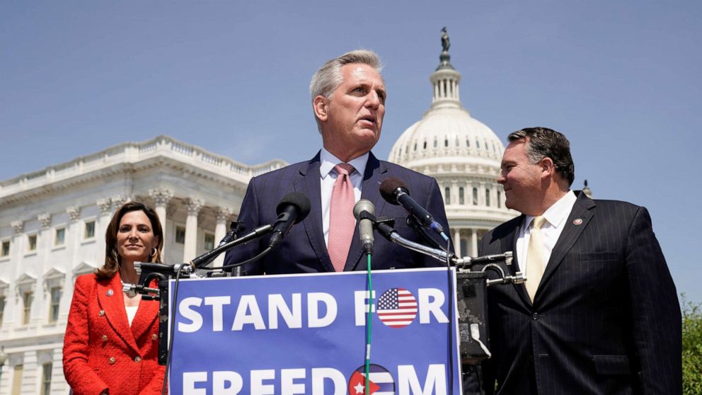 PHOTO: House Republican Leader Kevin McCarthy and several fellow House Republicans hold a news conference to recognize Cuban Independence Day on Capitol Hill in Washington, May 20, 2021.