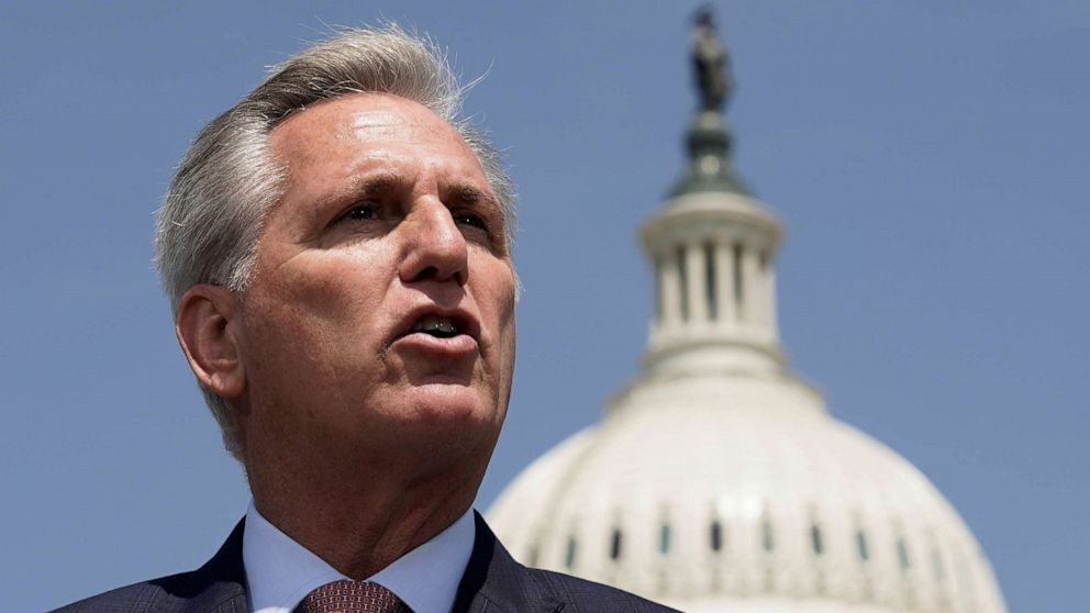 PHOTO: House Republican Leader Kevin McCarthy and several fellow House Republicans (not pictured) hold a news conference to recognize Cuban Independence Day on Capitol Hill in Washington, May 20, 2021.