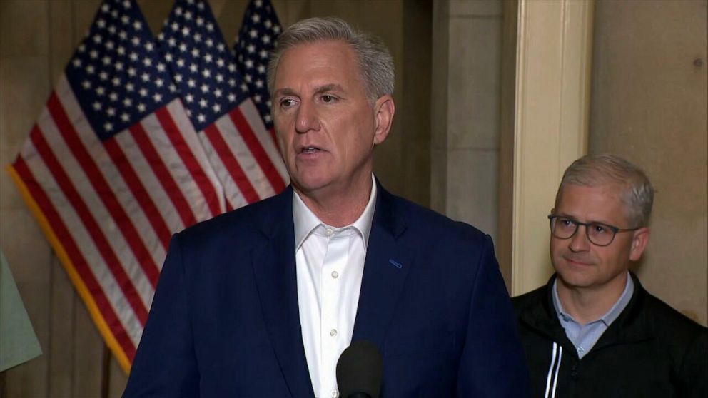 PHOTO: Speaker of the House Kevin McCarthy speaks at a press conference on May 28, 2023, at the US Capitol in Washington, D.C.